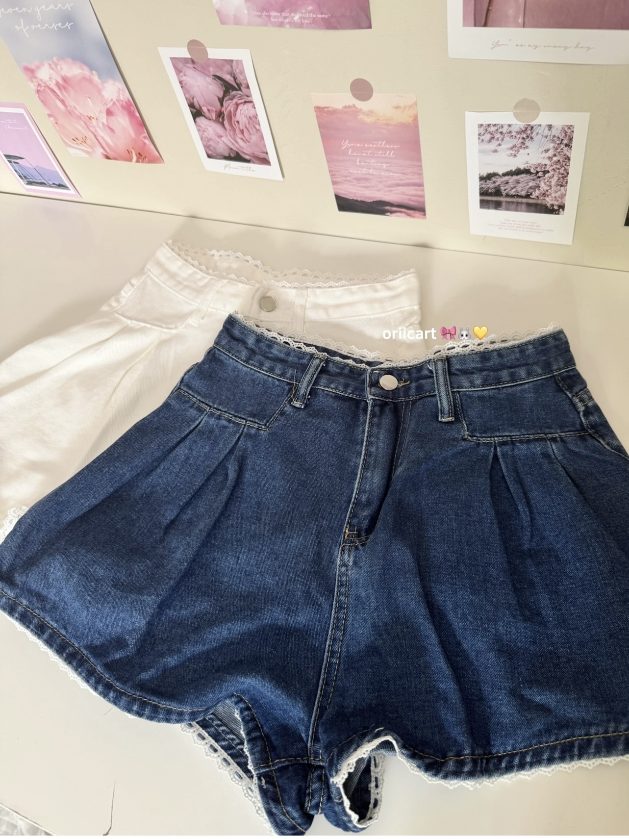 Denim Puff Pants with Lace Trim