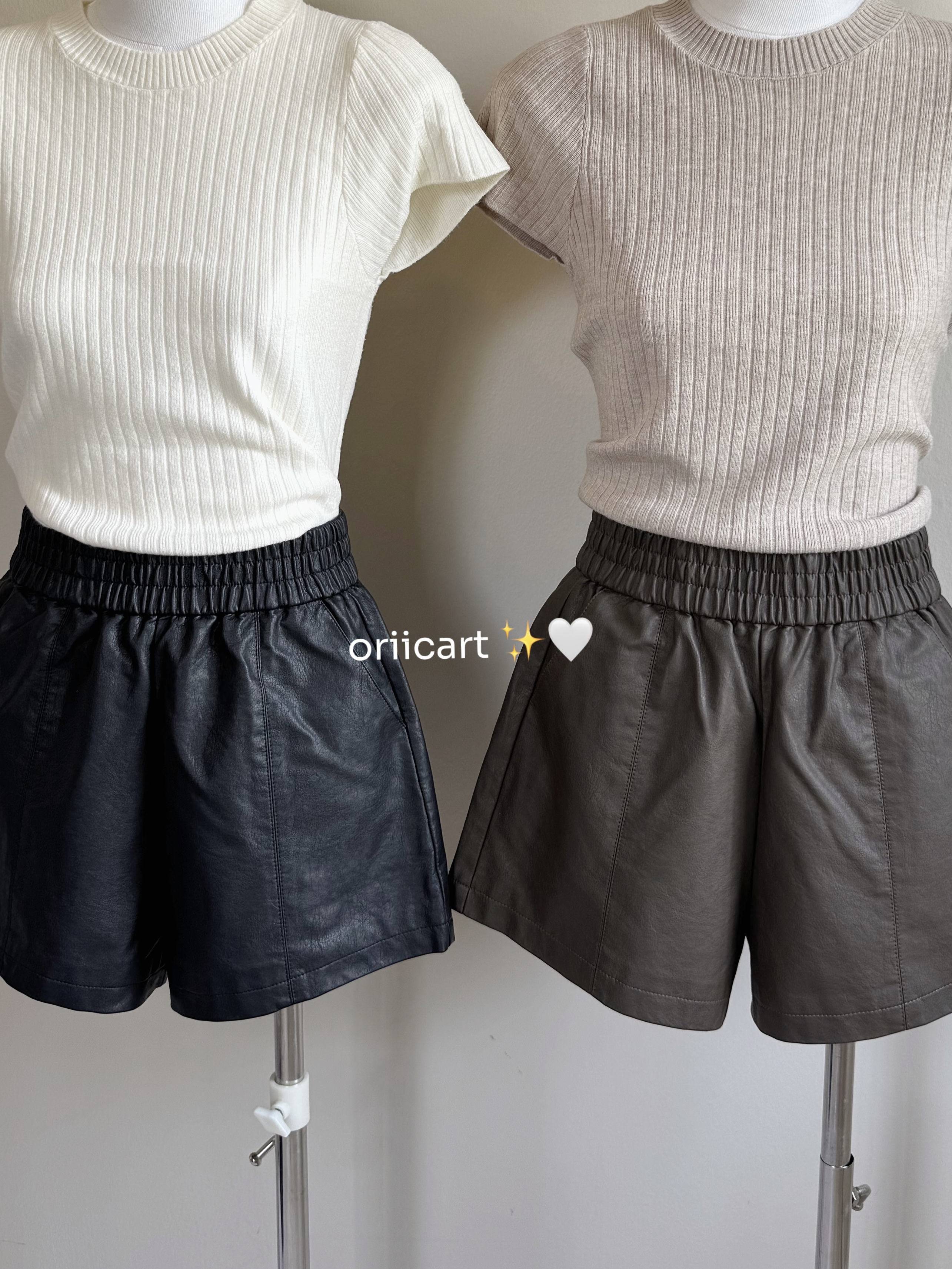 Elastic Waist Casual Leather Shorts
