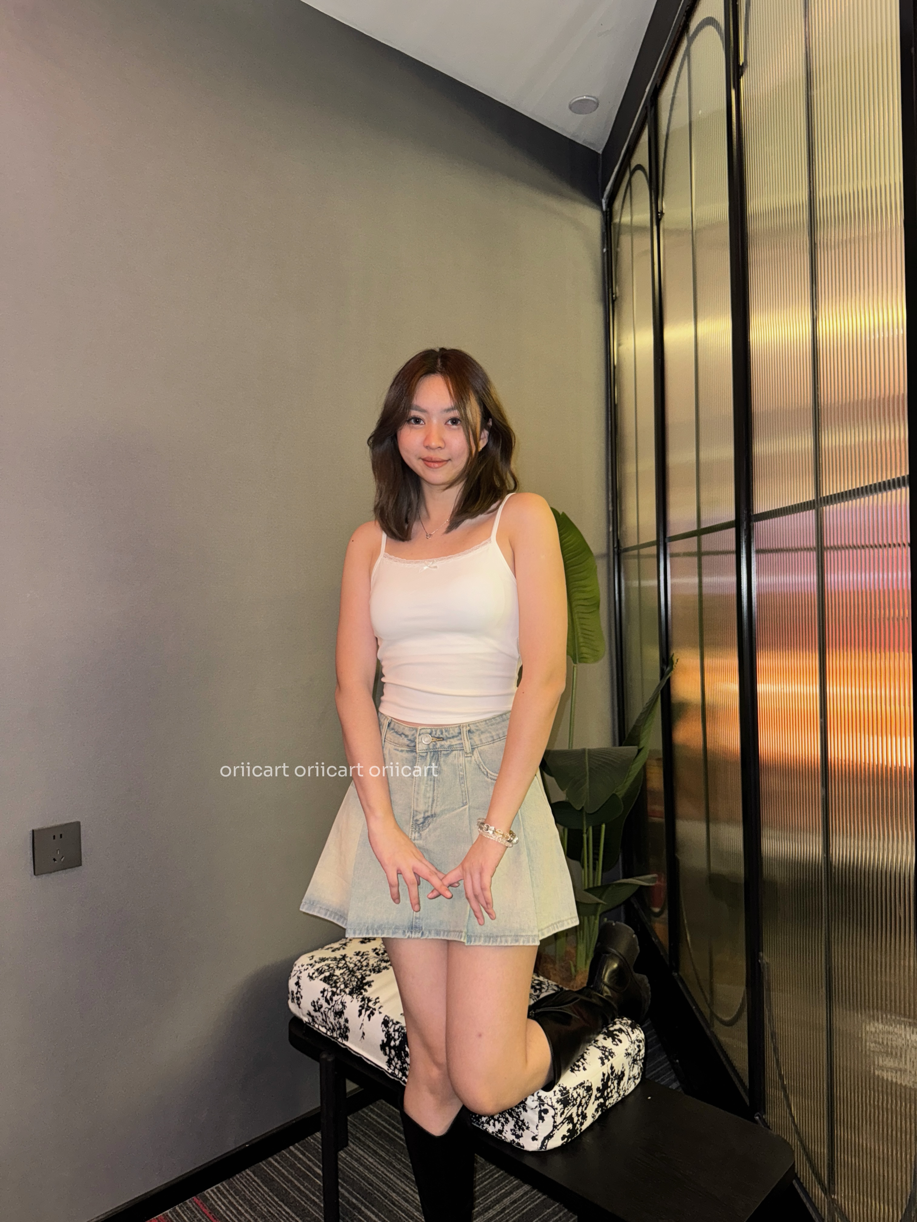 High Waist Pleated A-Line Denim Skirt